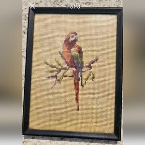 Vintage framed cross stitch of parrot textile decor